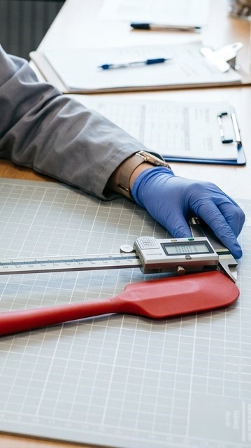 RY Silicone kalite kontrol ekibi personeli tarafından silikon pişirme spatulasının boyutları test edilmektedir.
