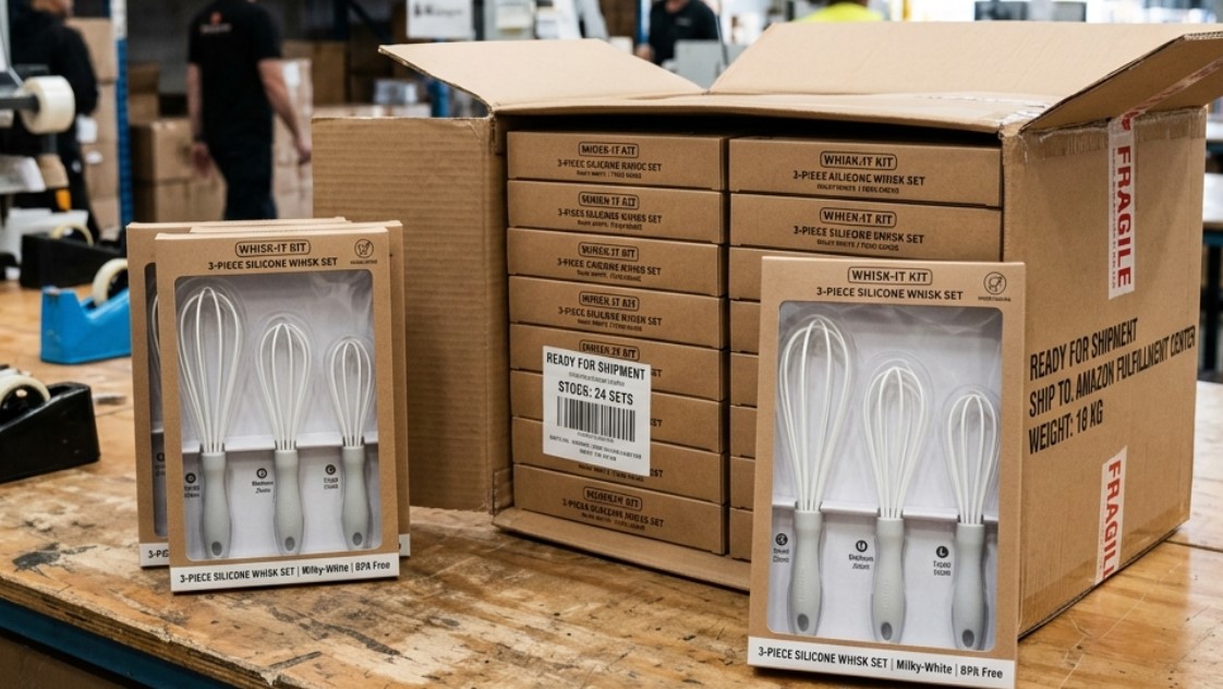 Os mini batedores de silicone branco são embalados em caixas com visor para vendedores de varejo e comércio eletrônico.