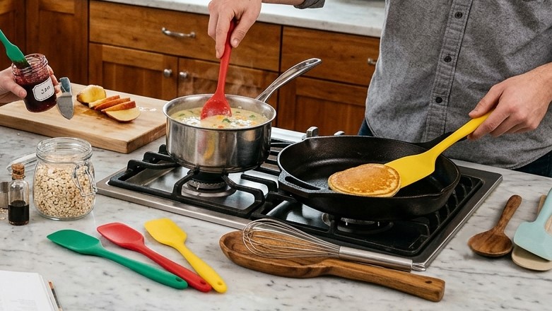 FDA onaylı silikon malzemelerden üretilmiş, çok yönlü ve gıda ile temas edebilen silikon pişirme spatulası.