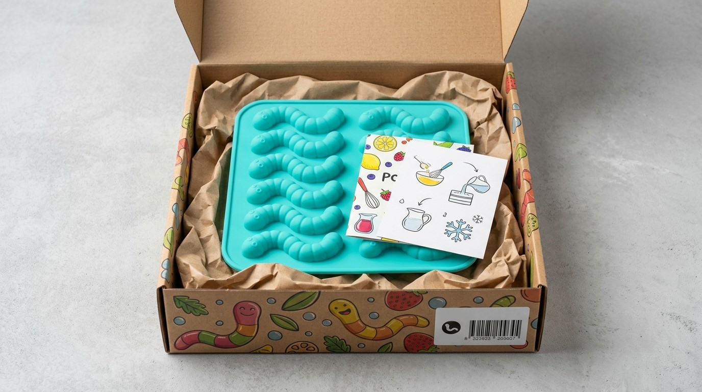 A packed silicone worm shaped gummy mold for ecommerce packaging