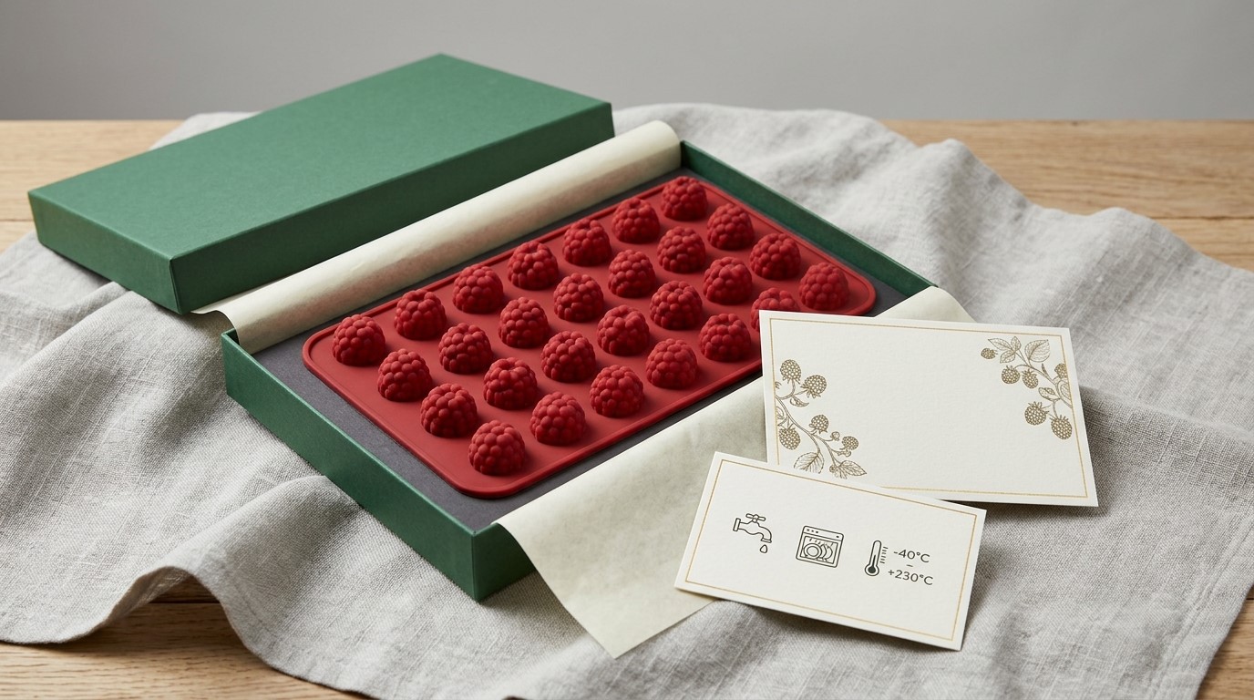 A silicone berry shaped candy mold in custom premium brand packaging