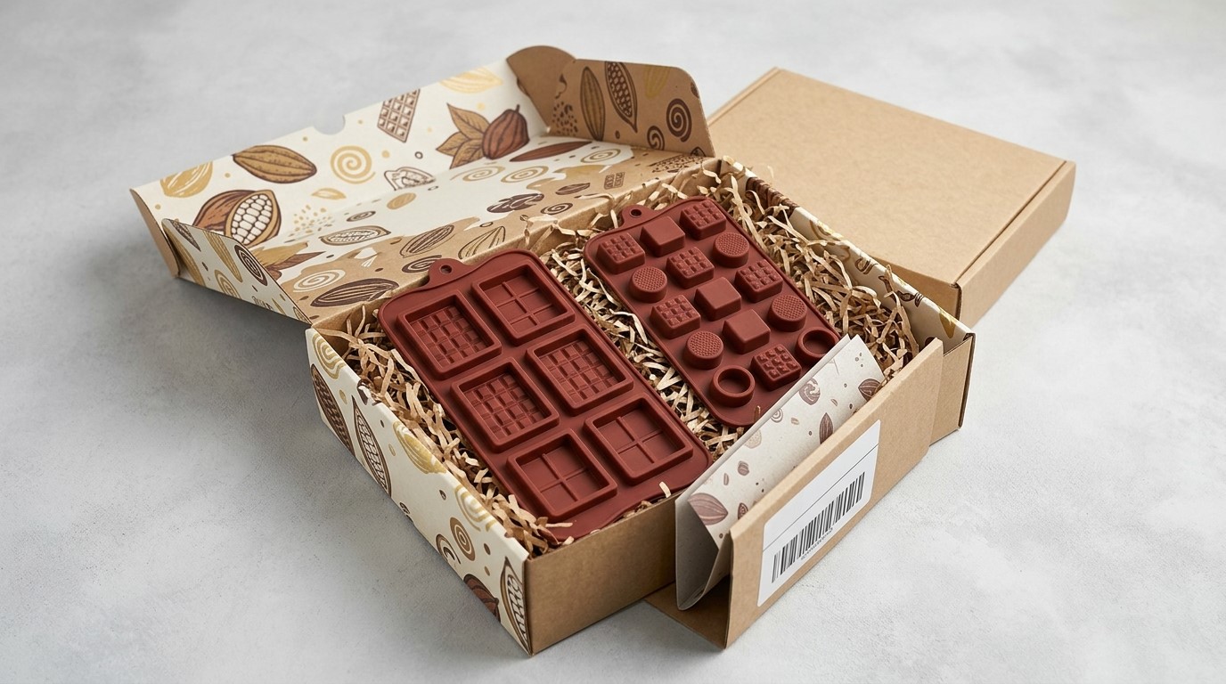 E-ticaret ambalajı ihtiyacı için, ürün kodu etiketi ve dolgu malzemeleriyle birlikte karton kutuda silikon çikolata kalıbı seti.
