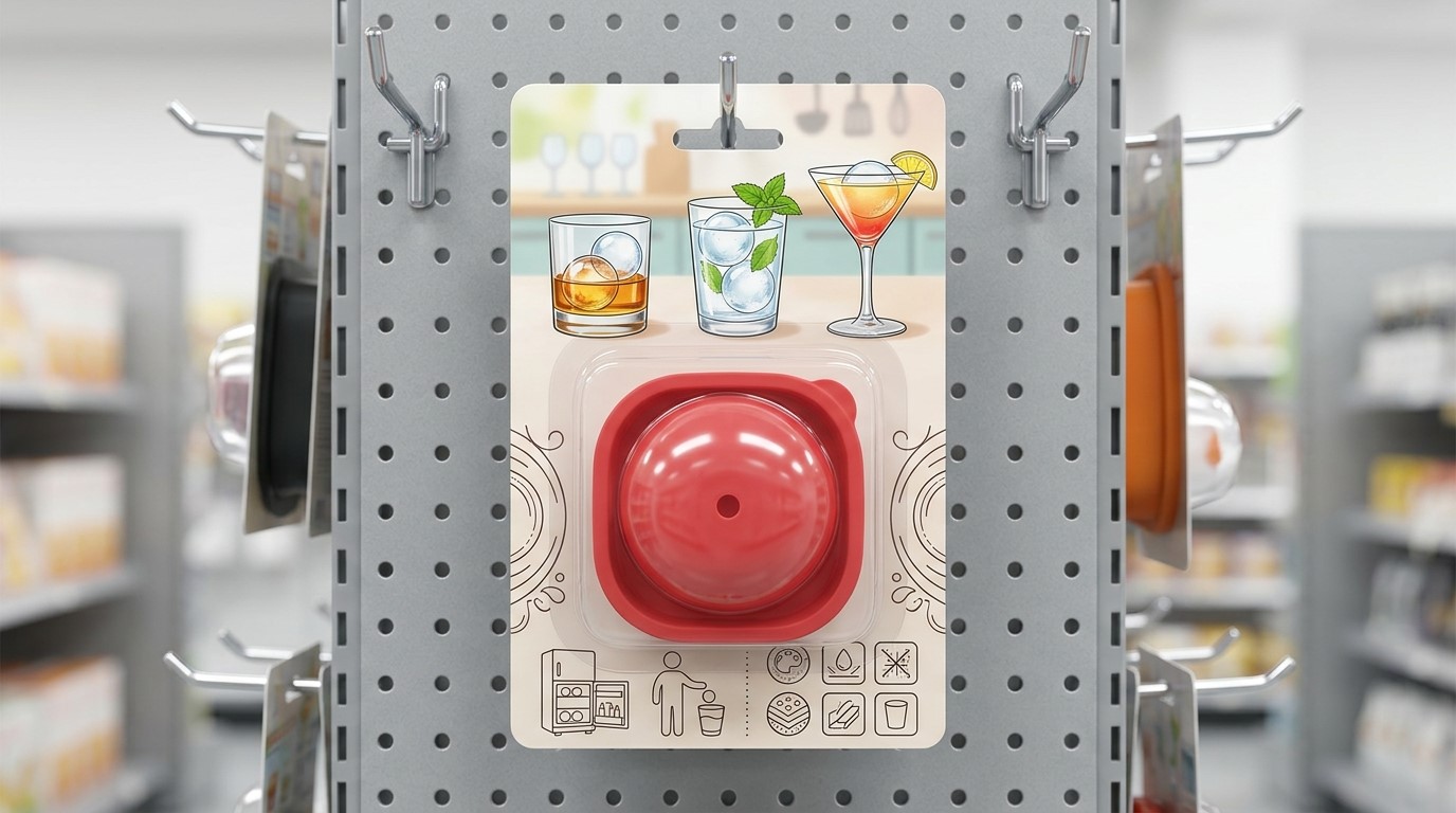 A silicone ice cube tray with single cavity in blister packaging for retail packaging needs