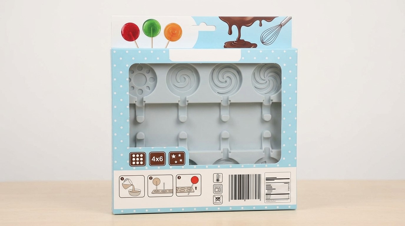 A silicone lollipop candy mold in window packaging for retail packaging need