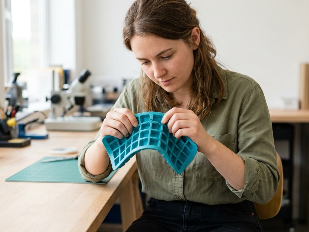 A tester is inspecting the appearance of a silicone mini ice cube tray