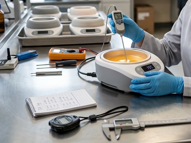 Um técnico está verificando a temperatura de um aquecedor de cera de silicone em funcionamento.