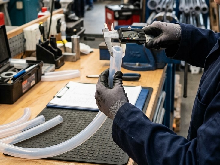 Un addetto al collaudo sta misurando il diametro di un tubo flessibile in silicone.