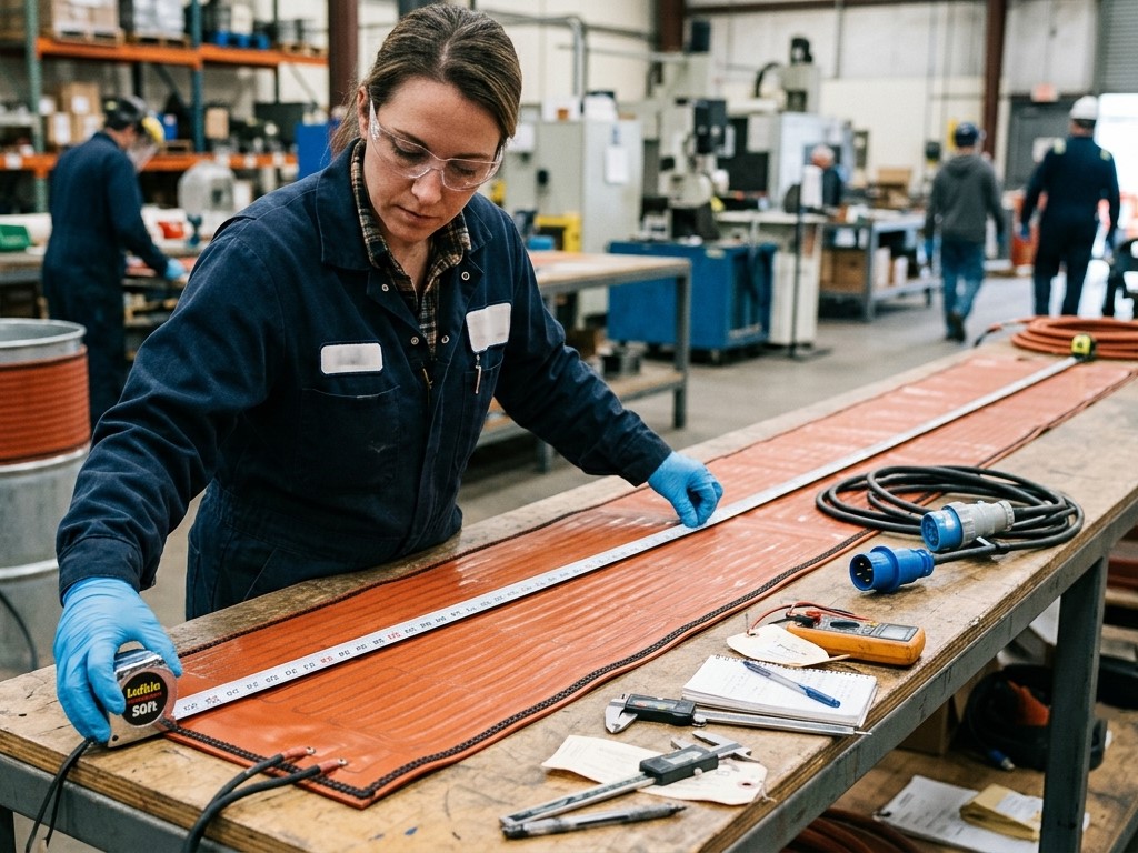A tester is measuring the length of a silicone rubber drum heater
