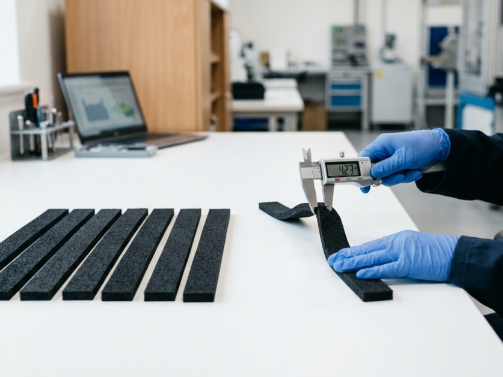 Um teste consiste em medir a espessura de uma tira de borracha de silicone.
