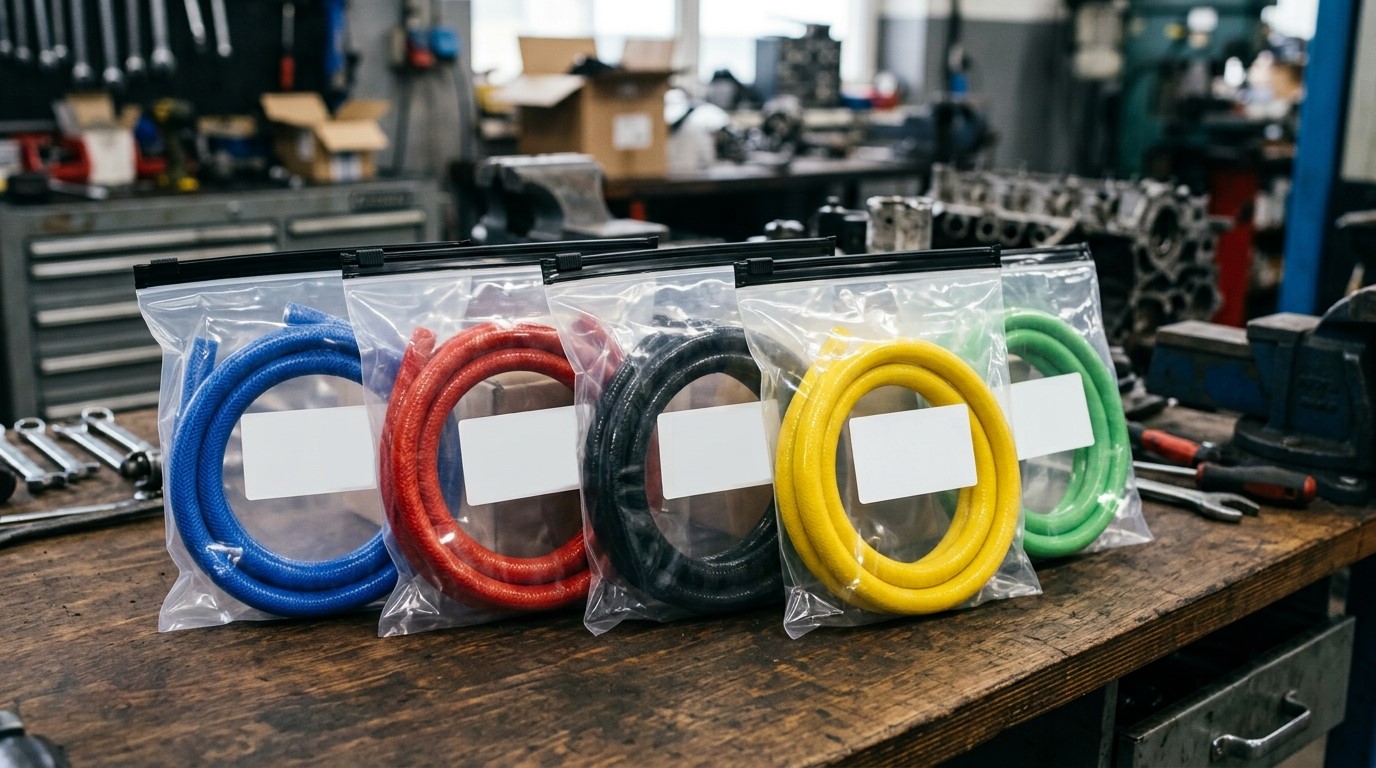 Tubi flessibili in silicone intrecciati in confezioni singole con etichette
