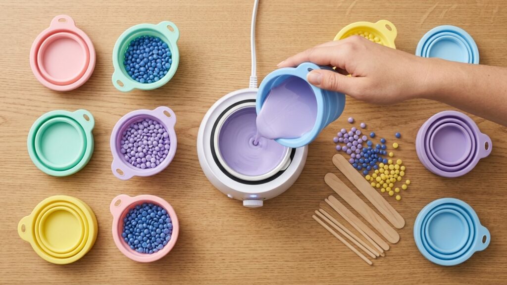 Potes de silicone dobráveis para cera e um aquecedor de cera de silicone.