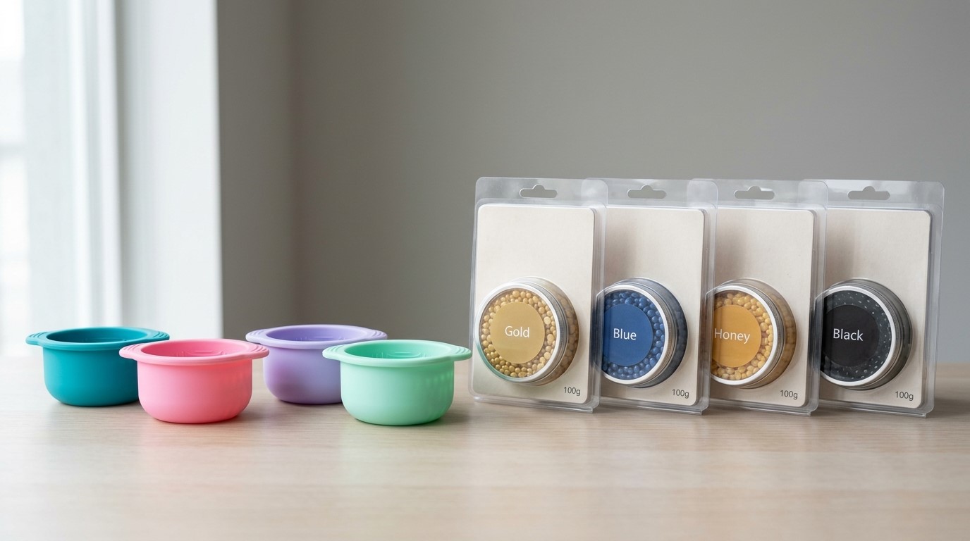 Embalagens personalizadas para potes de silicone para cera, destinadas a vendedores do varejo e do comércio eletrônico.