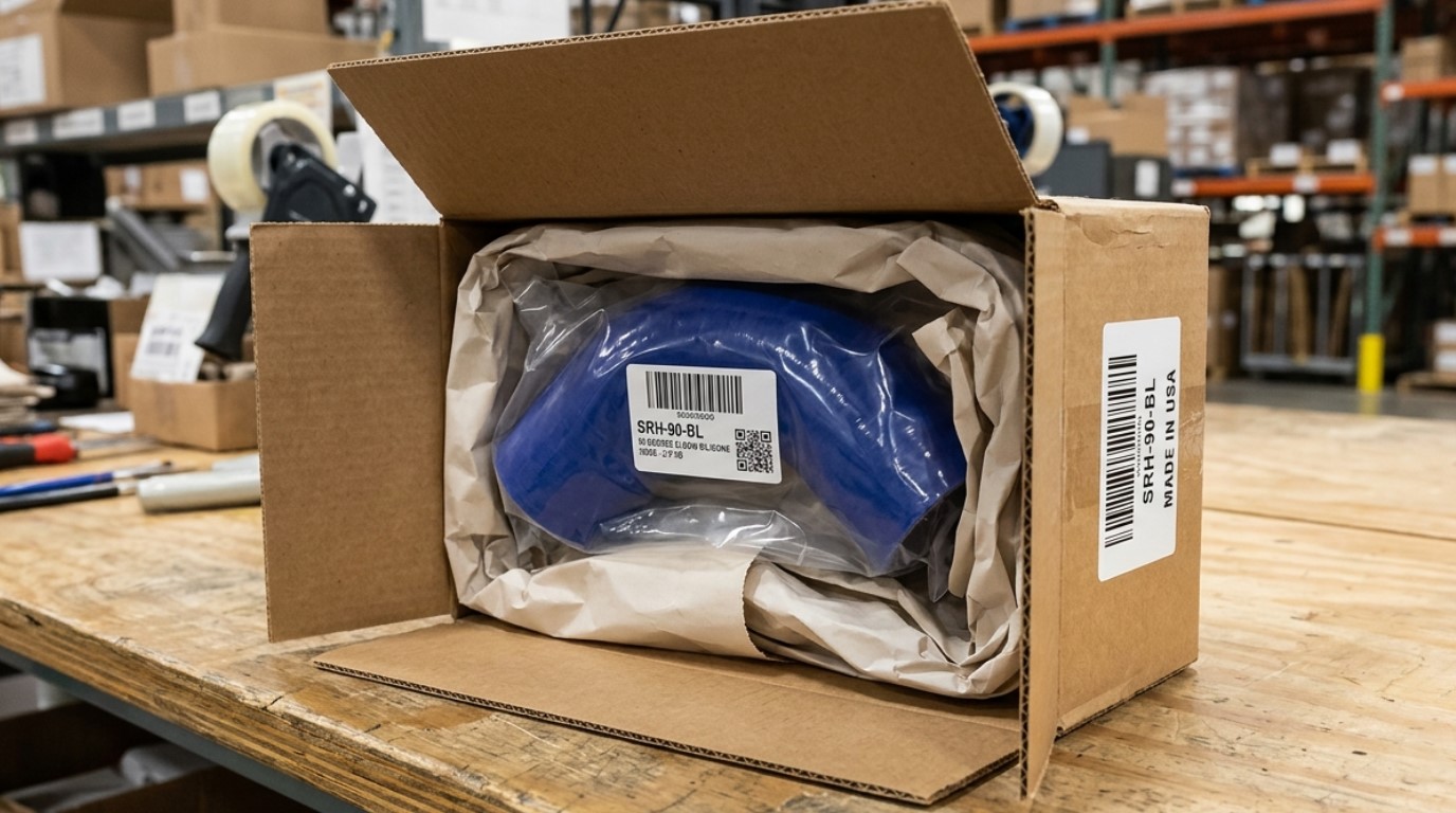 Imballaggio personalizzato per tubi in silicone con etichetta, codice a barre e riempitivi per imballaggi OEM.