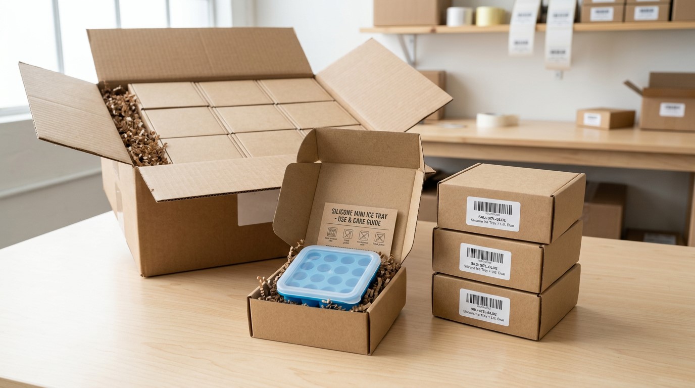 Custom packaging of silicone ice tray with SKU labels and fillers for ecommerce packaging needs
