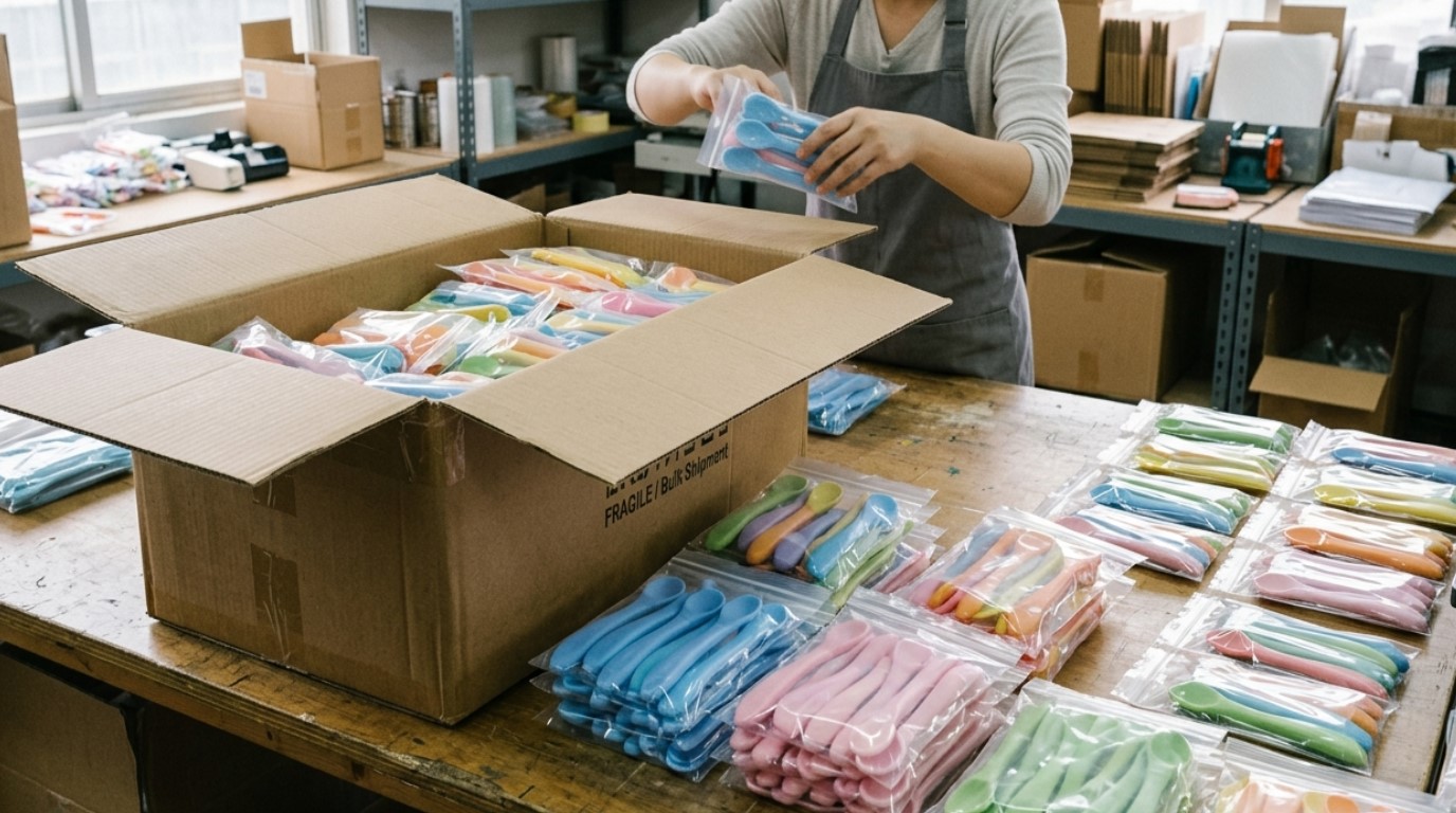 Cucchiaio per neonati in silicone personalizzato, confezionato all'ingrosso.