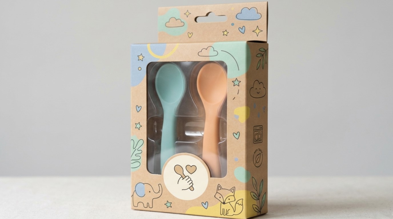 Cucchiaini per neonati in silicone personalizzati, confezionati singolarmente.