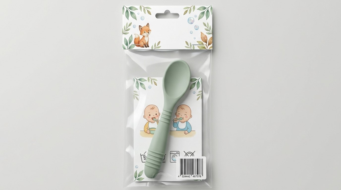 Cucchiaio per l'alimentazione autonoma in silicone personalizzato per rivenditori di prodotti per l'infanzia con confezione personalizzata.