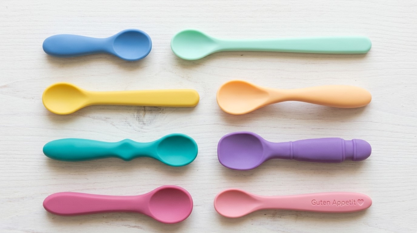 Cucchiaini per neonati in silicone personalizzati di diverse dimensioni, con lunghezza, profondità e larghezza della ciotola differenti.
