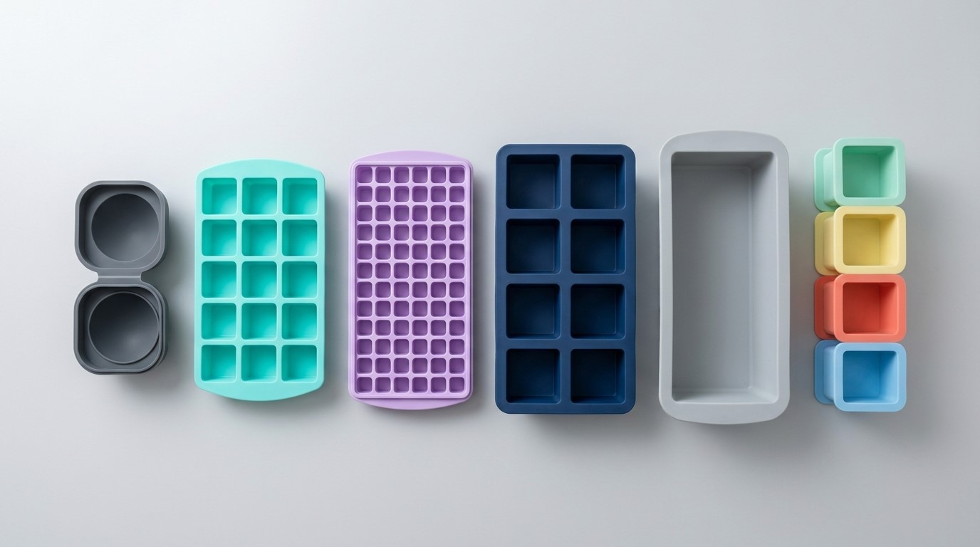 Distinct sizes of custom silicone ice tray with specific capacity, cavities, sizes of ice cubes