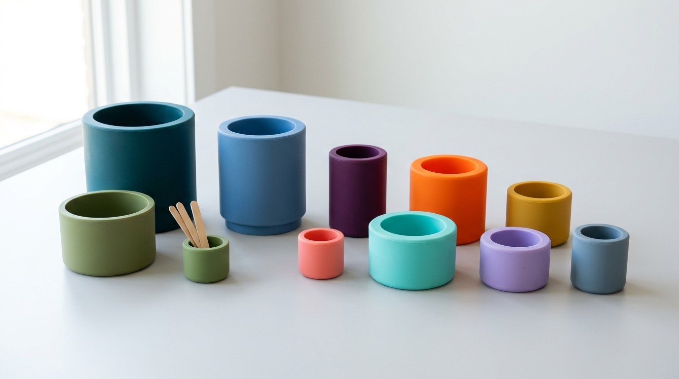 Potes de silicone para cera em diferentes tamanhos, com diversas capacidades, dimensões e espessuras de parede.
