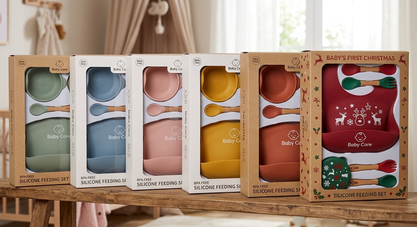 Set per l'alimentazione del bambino in silicone, disponibili in vari colori e con temi stagionali, con stampi personalizzati con loghi in rilievo o in incavo.