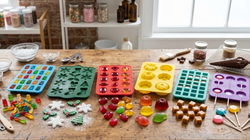 Diverse designs of silicone candy molds for candy studio, private-label, and candy manufacturer with production lines