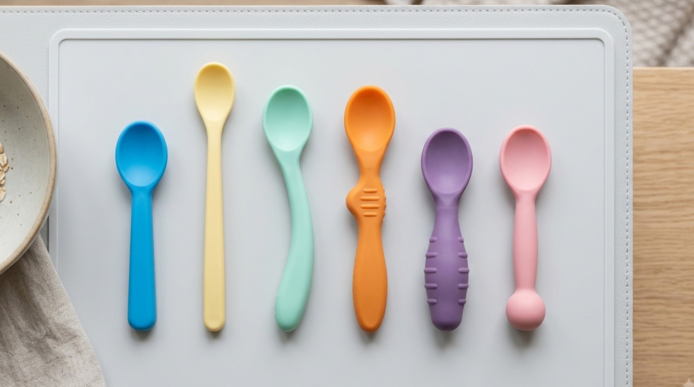 Diversi modelli di manici per cucchiaini da neonato in silicone personalizzati