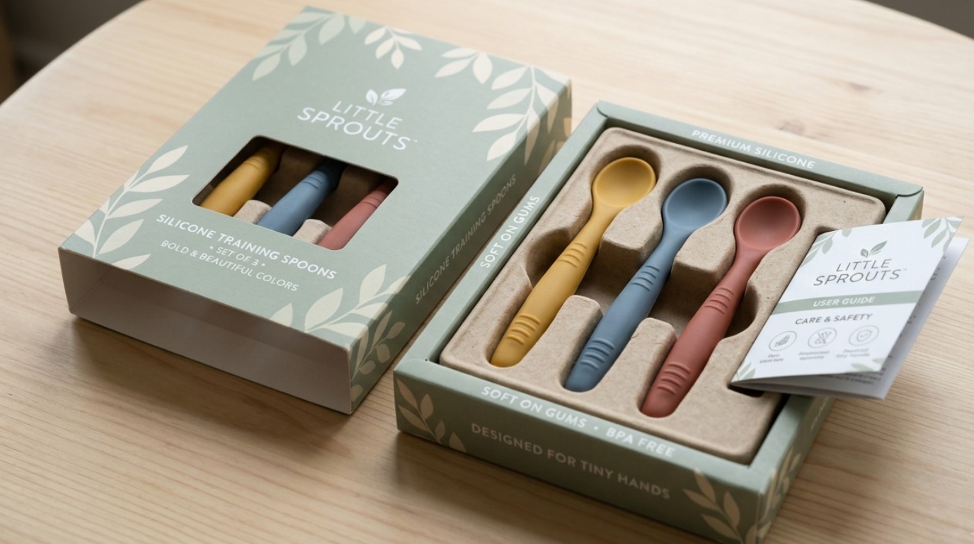 Set di cucchiaini ergonomici in silicone per neonati, in confezione di marca premium con inserti.