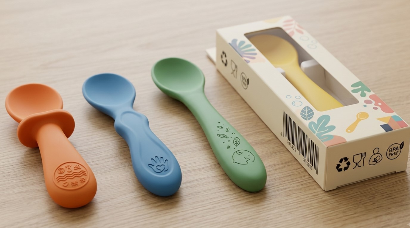 Metodi di branding flessibili per cucchiaini da neonato in silicone personalizzati con logo, colori ed esigenze specifiche.