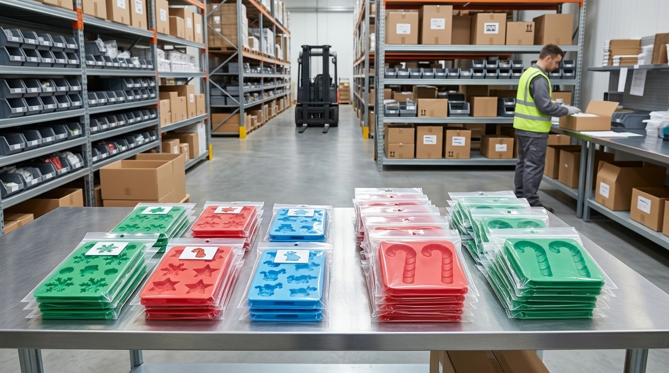 Multiple silicone candy molds in polybags for bulk packaging and shipment