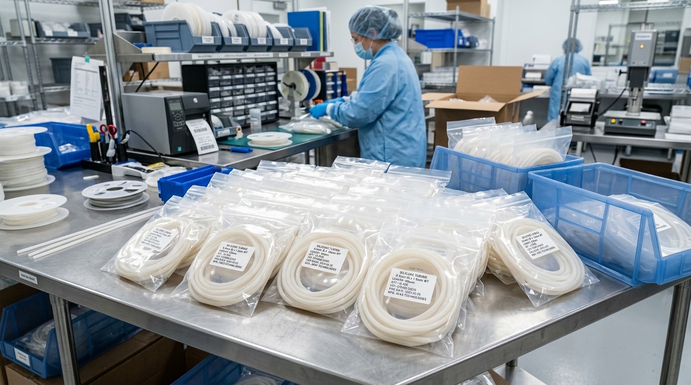 同じサイズの医療用シリコンチューブをセットにして、キット化や梱包に使用できるようにあらかじめカットしてあります。