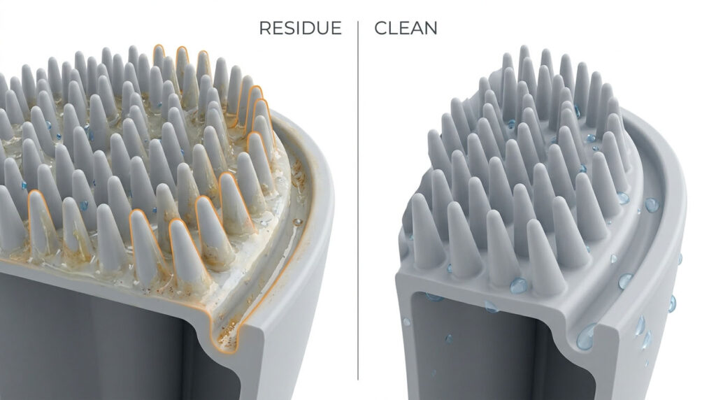 Resíduos entre os pontos de contato da escova facial de silicone