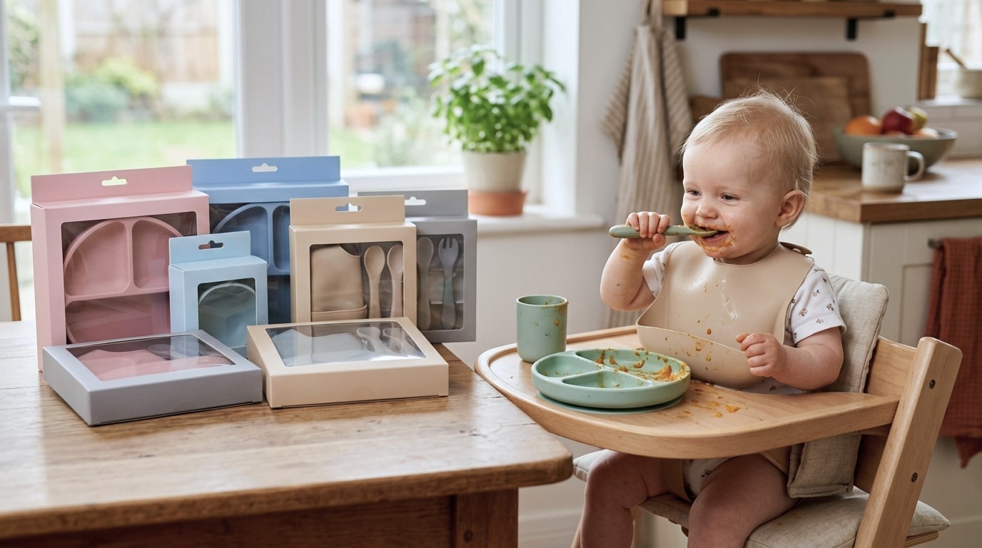 Set per l'alimentazione del neonato in silicone, ideale per marchi di prodotti per l'infanzia con sistemi di qualità tracciabili.