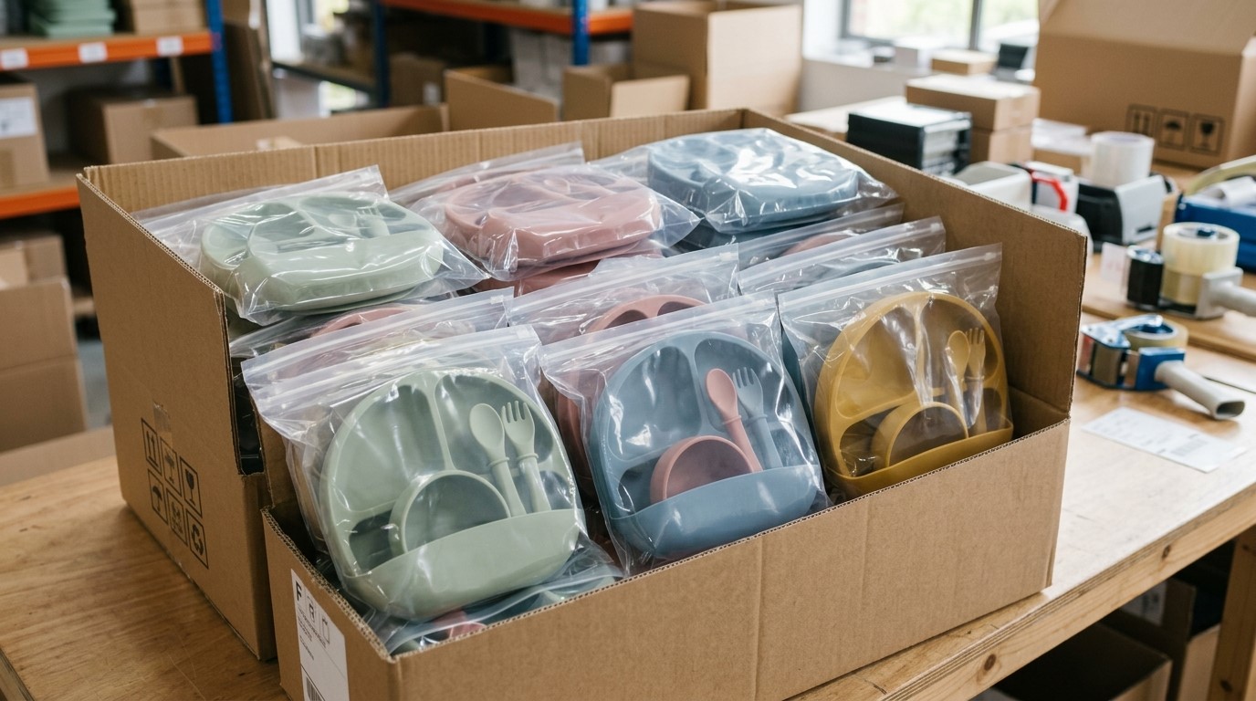 Set per l'alimentazione dei neonati in silicone, confezionati in sacchetti di plastica per imballaggio e spedizione all'ingrosso.