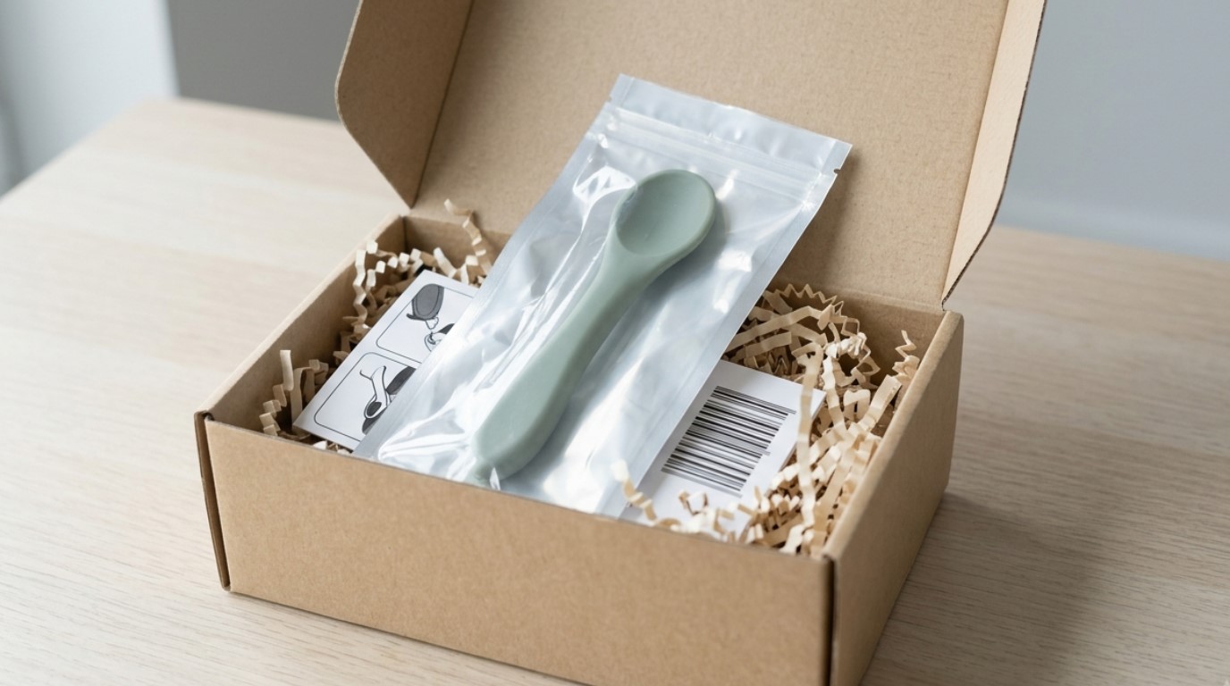 Cucchiaio da pappa in silicone per neonati con inserti, etichetta con codice a barre e foglio illustrativo, confezionato in una scatola di cartone per l'e-commerce.