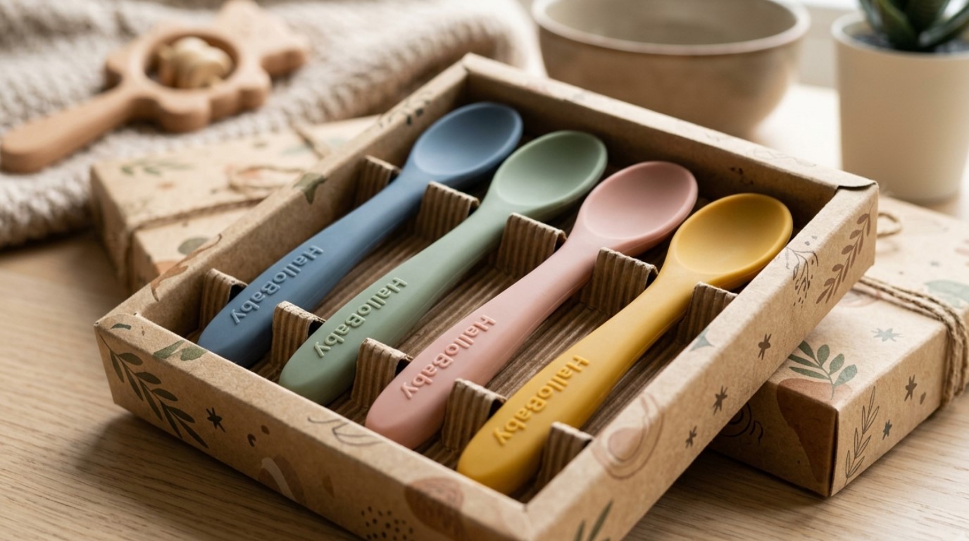 Set di cucchiaini per neonati in silicone in confezione promozionale per programmi di distribuzione.