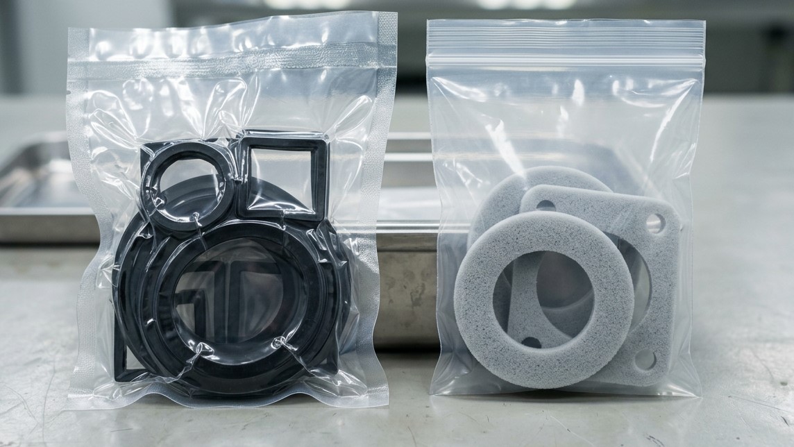 Silicone gaskets in vacuum packaging and silicone sponge gaskets in polybags with protective and hygienic pacakging
