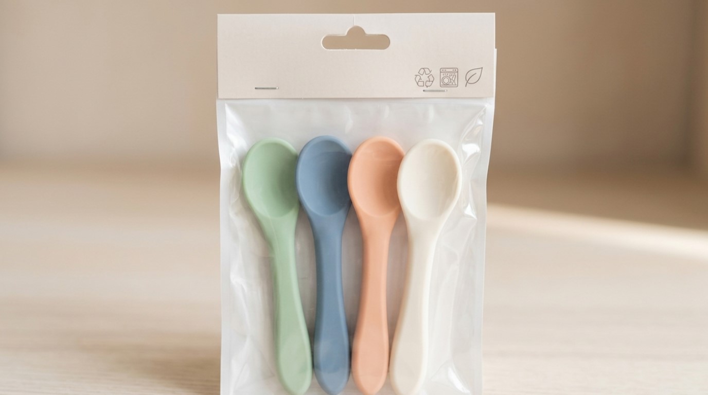 Cucchiaini per neonati in silicone solido disponibili online e presso rivenditori con marchio privato.