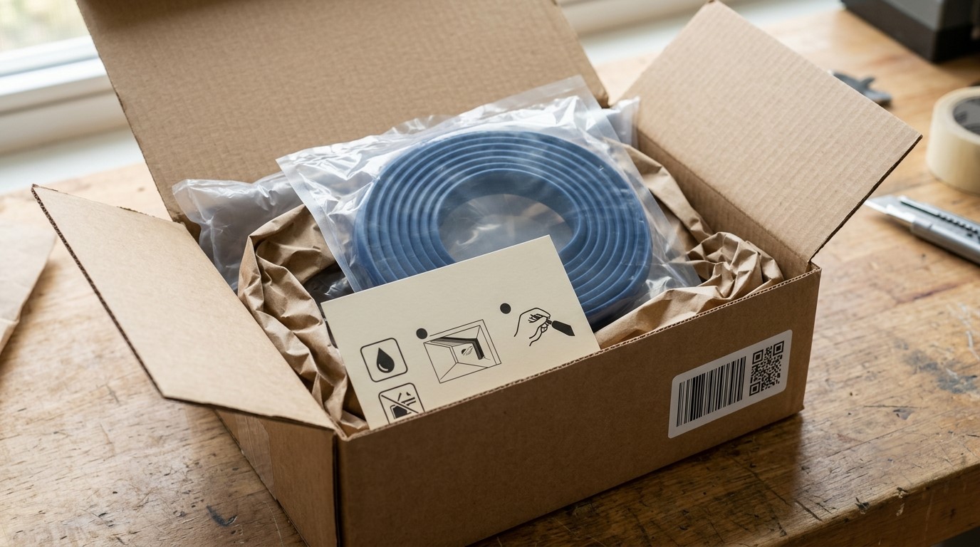 Fita de silicone embalada em caixa, em rolo, com etiqueta, cartão de instruções e enchimentos.