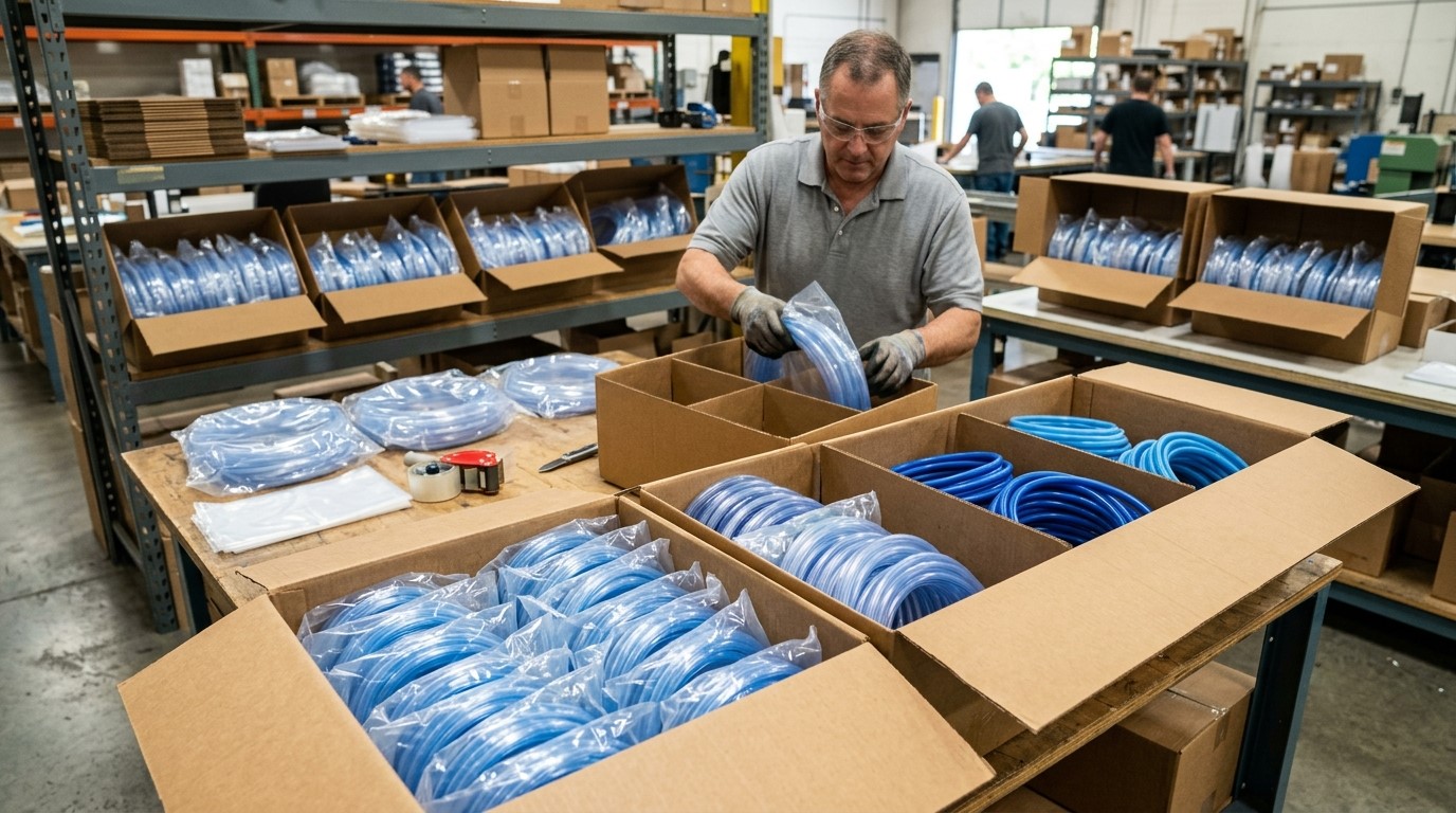 バルクコイル状およびプラスチック袋入りのシリコーンチューブ。バルク包装および出荷