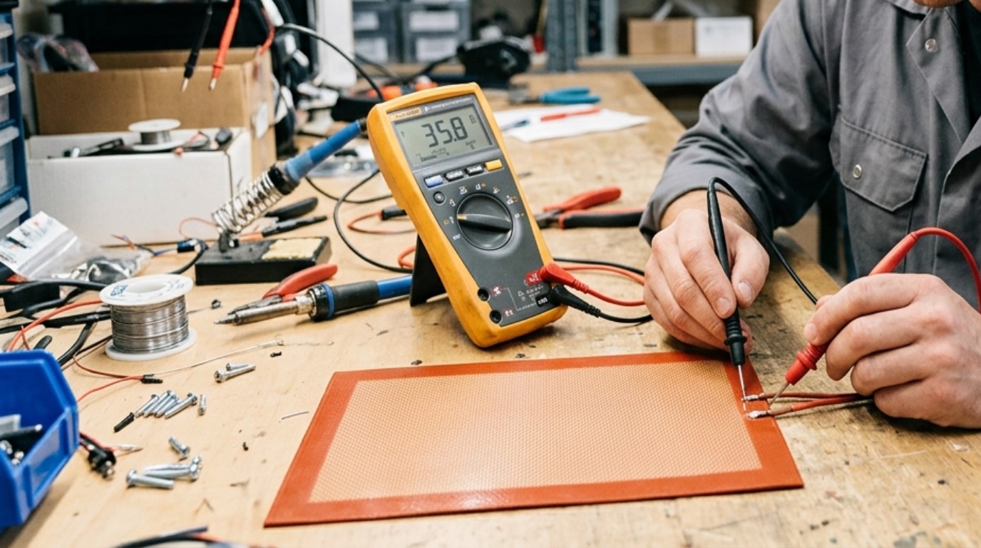 The resistance and other electrical properties of a silicone rubber heater is measured by tool
