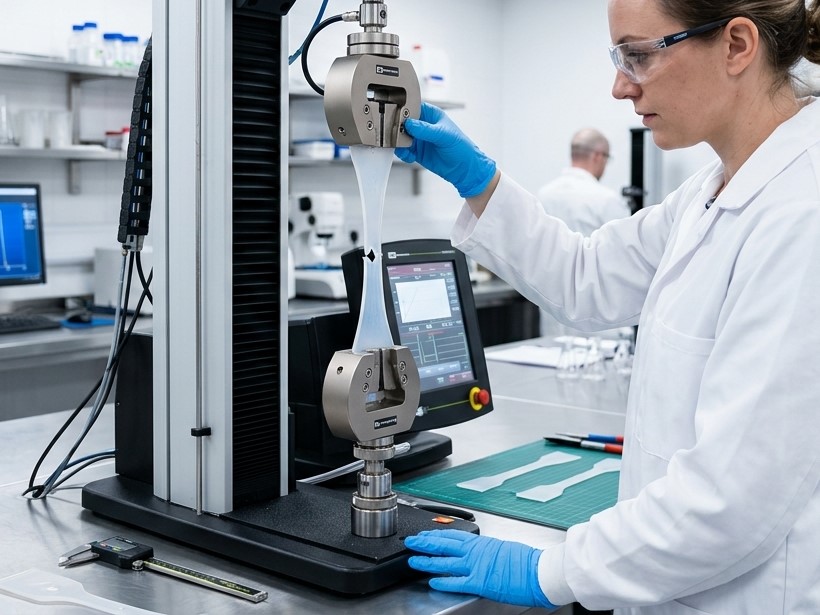 The tensile strength of a silicone gasket is testing by a tester from QC team of RY Silicone