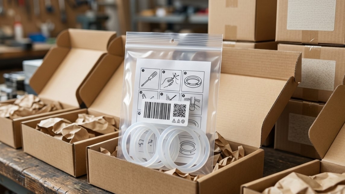 Transparent silicone gaskets with plastic bag as unit for kitting and assembly packaging