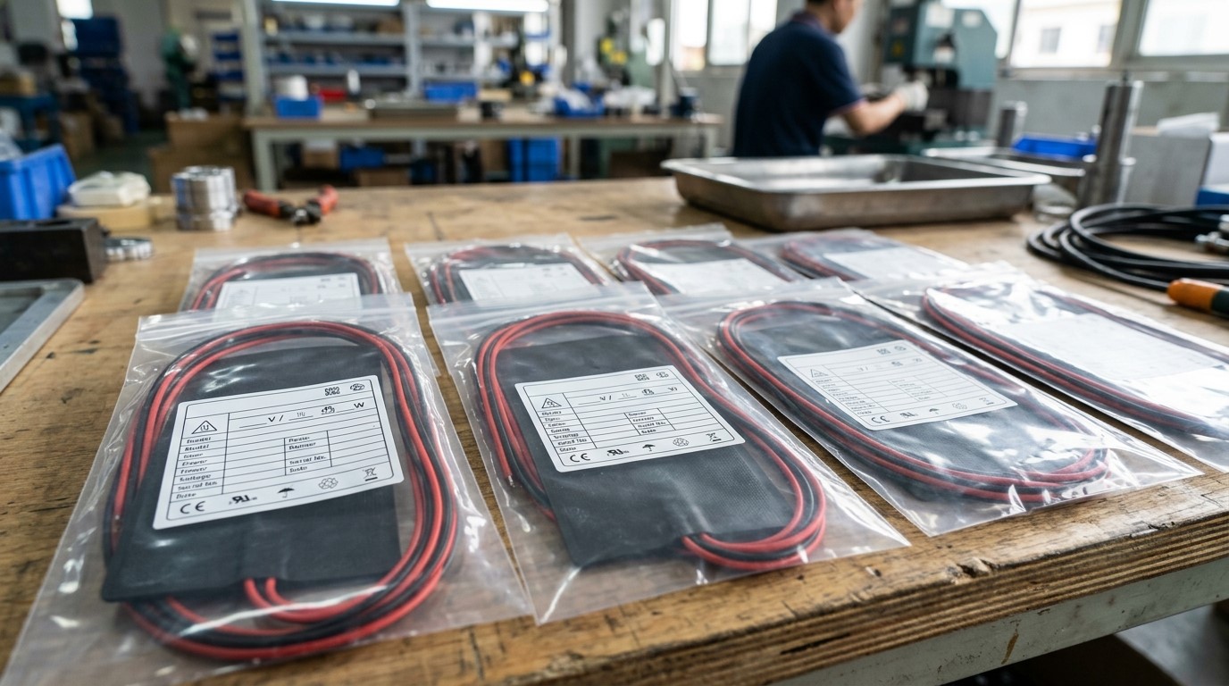 black silicone rubber heaters in individual packaging