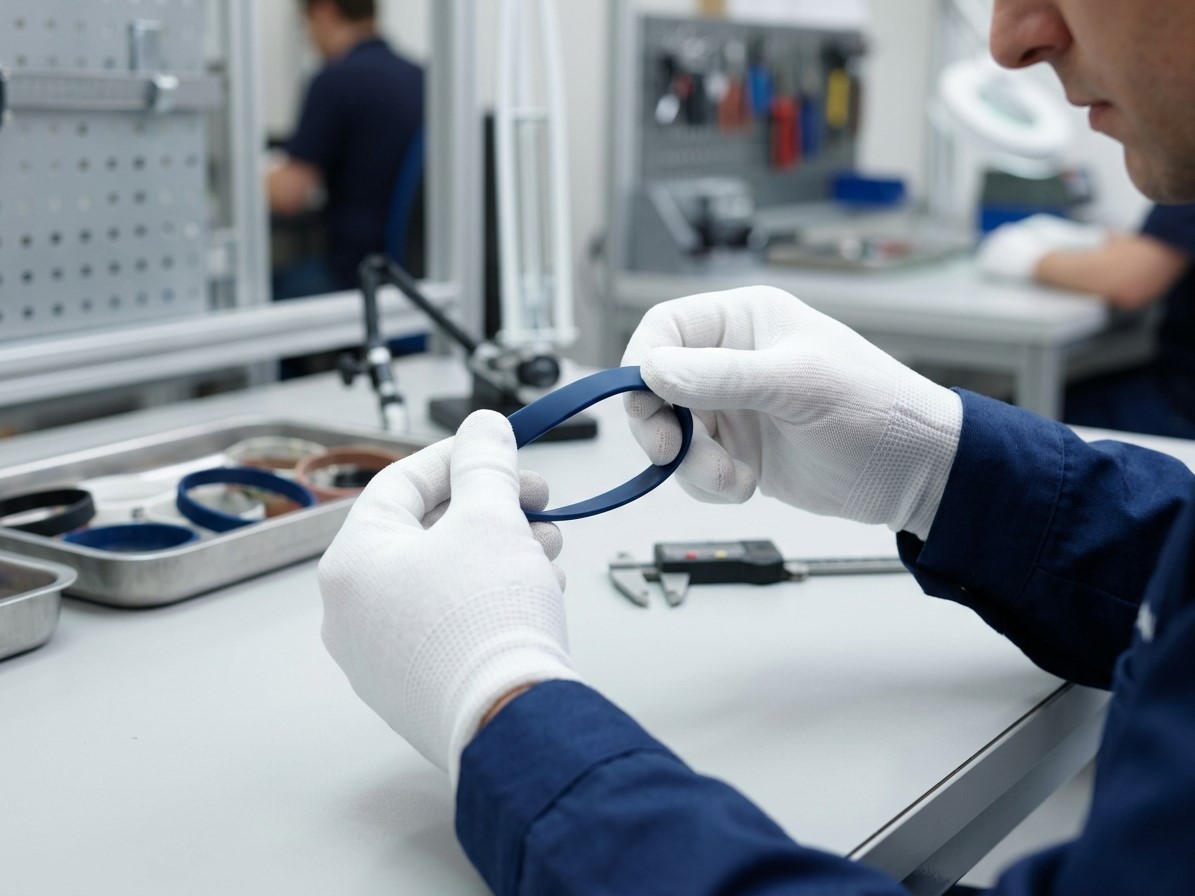 Un inspector de control de calidad está verificando la uniformidad del color y la flexibilidad de una pulsera de silicona de RY Silicone.