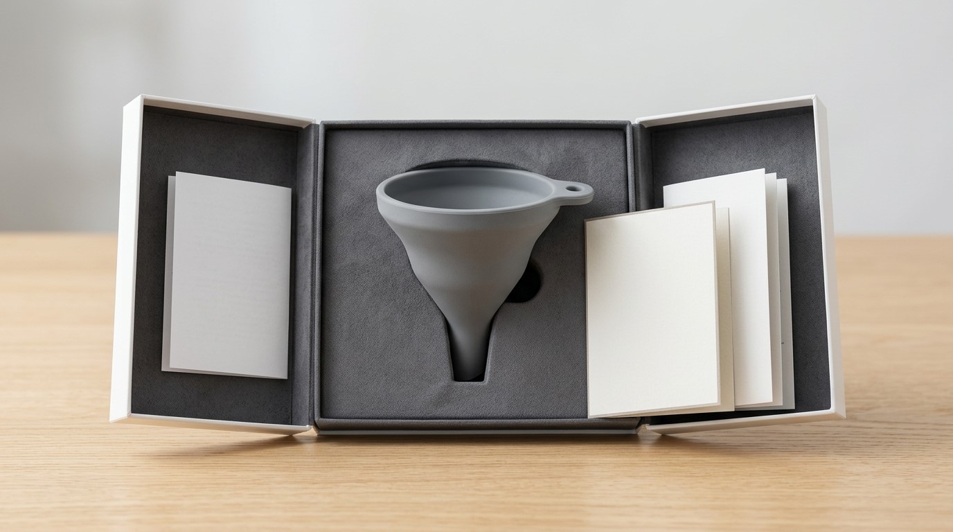 Funil de silicone para contato com alimentos com embalagem de apresentação premium personalizada.