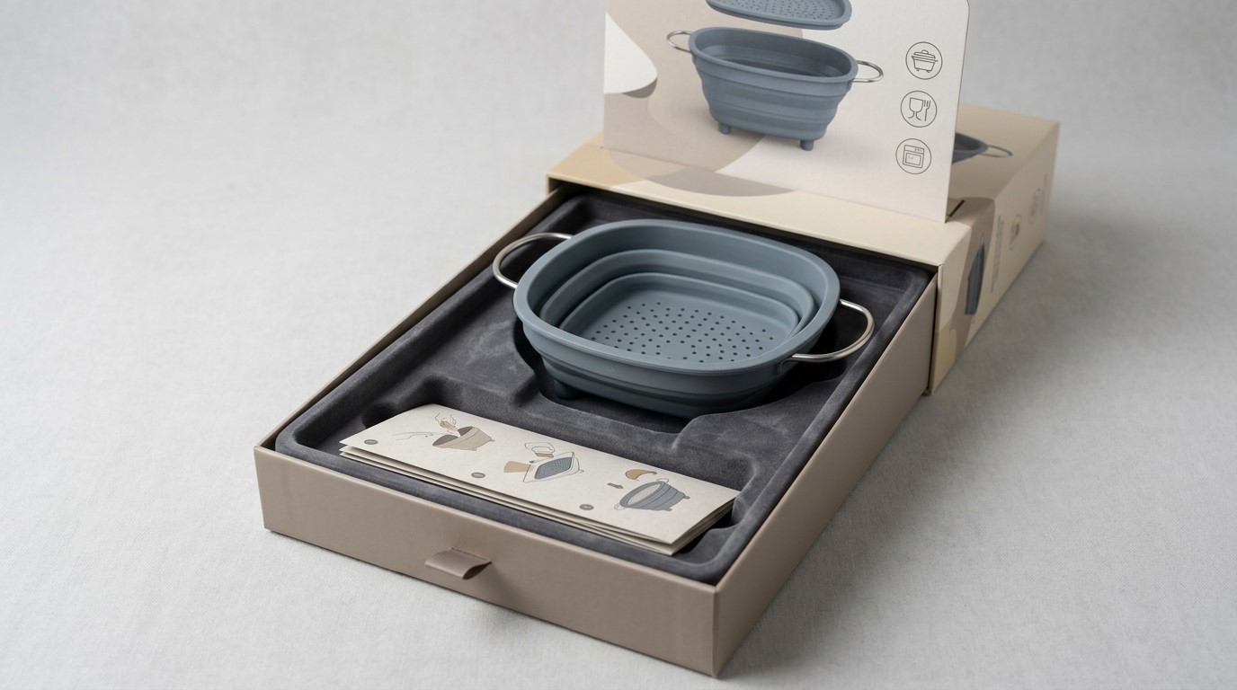 Escorredor de silicone em embalagem personalizada para o seu projeto de utensílios de cozinha.