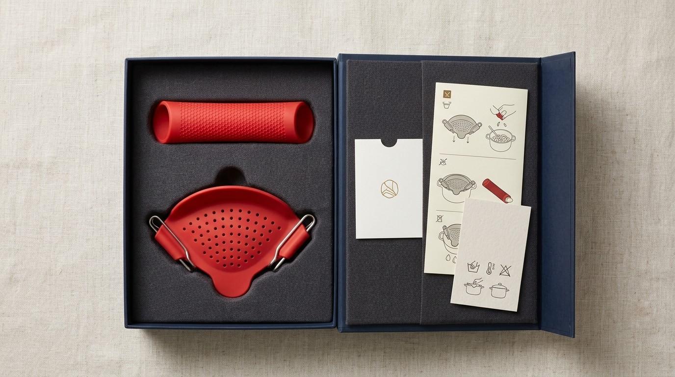 Um descascador de alho de silicone e um escorredor de silicone com clipe, em embalagens personalizadas de marca premium.