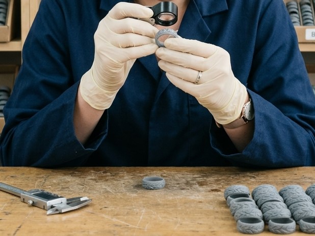 Un anello di silicone viene ispezionato da un collaudatore