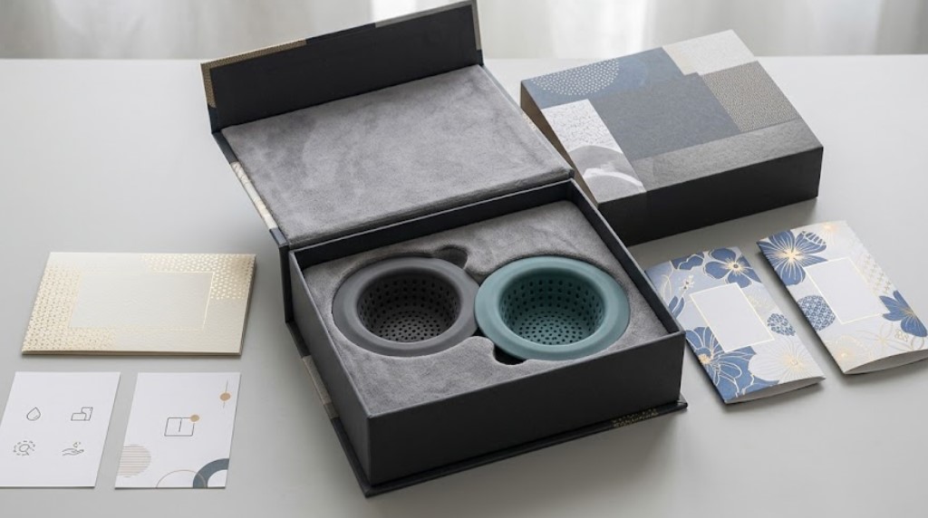 Kit de filtro de pia de silicone em embalagem personalizada de marca premium.